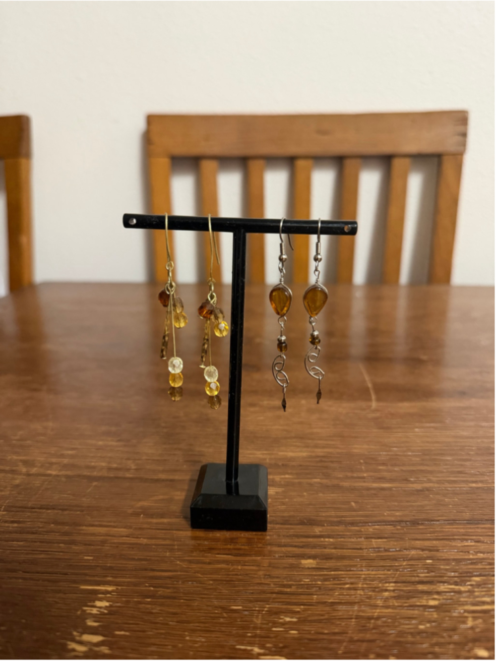 2 Pair Long Dangle Earrings Amber Brown Beaded Gold Silver Tone Boho Jewelry